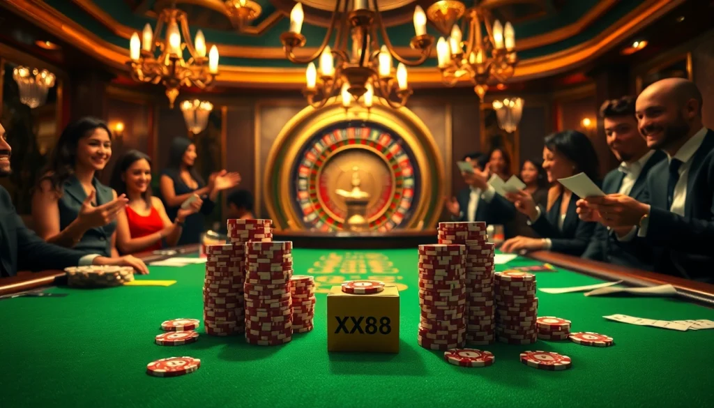 Experience the thrill of gambling at XX88 casino with poker chips and a roulette wheel in action.