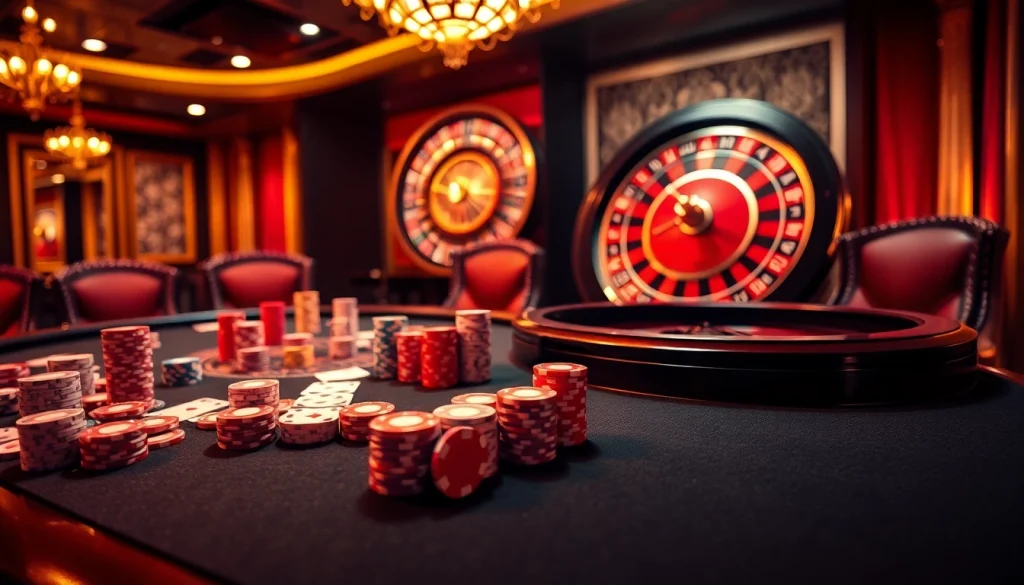 Experience the thrill of mb 88 with vibrant casino tables, cards, and chips in an exciting atmosphere.