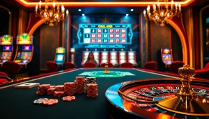Engaged gamblers enjoying a game at Go8.com, featuring vibrant poker chips and a roulette wheel.