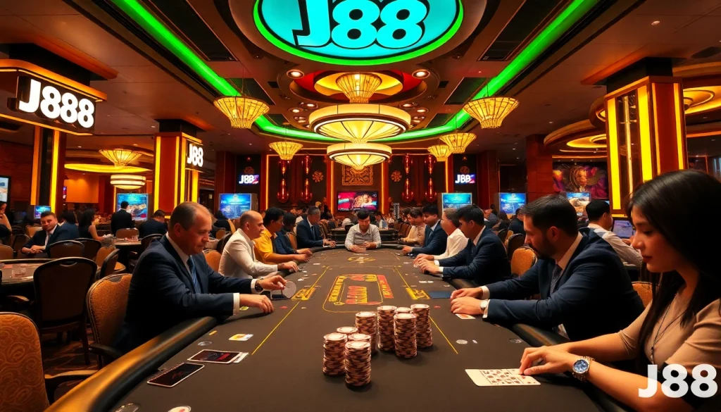 Experience the thrill of J88 with players at a high-stakes poker table surrounded by vibrant casino lights.