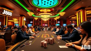 Experience the thrill of J88 with players at a high-stakes poker table surrounded by vibrant casino lights.