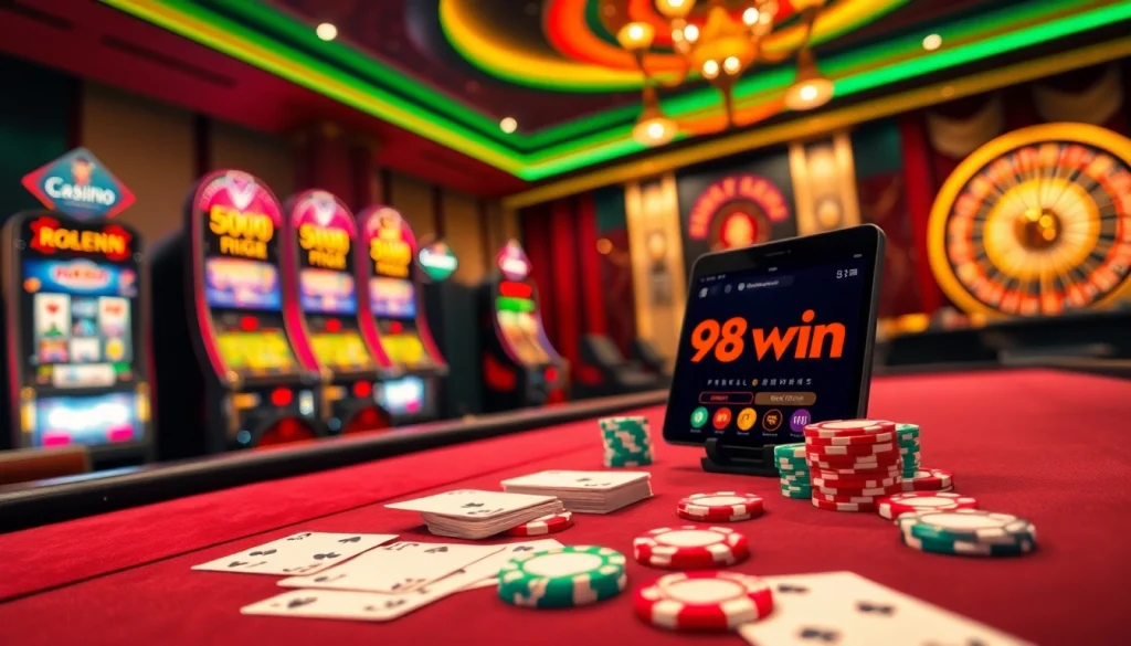 Experience thrilling gameplay with app 98win, showcasing poker chips, cards, and slot machines.
