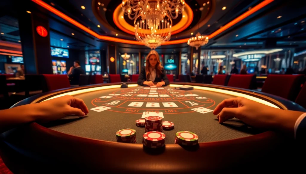 Experience the excitement of nhà cái sun win in a vibrant casino scene featuring engaging dealers and elegant gaming tables.