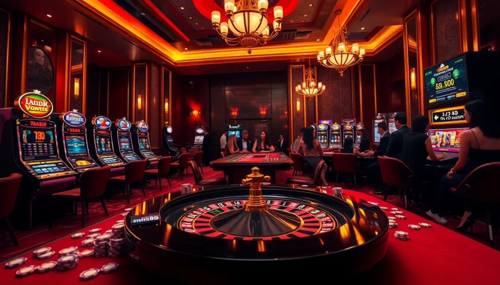 Bet on exciting games at mm88.com, featuring a luxurious casino environment with poker tables and slot machines.