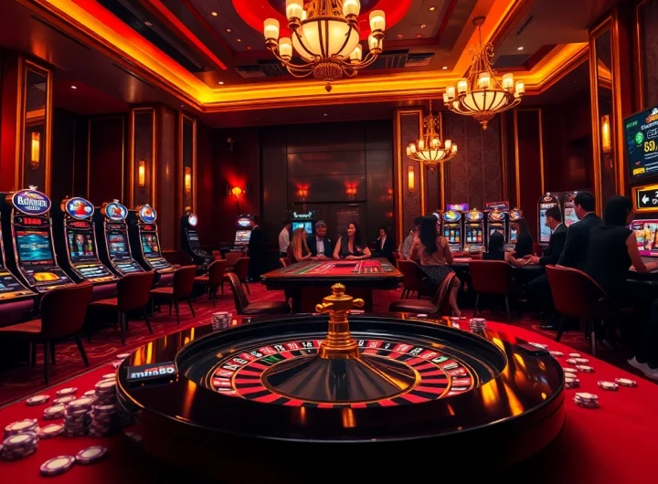 Bet on exciting games at mm88.com, featuring a luxurious casino environment with poker tables and slot machines.