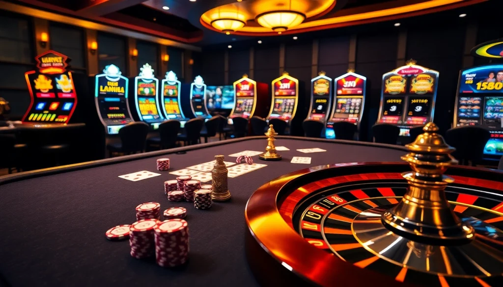 Experience intense gaming action at AU88's luxurious casino featuring poker tables and slot machines.