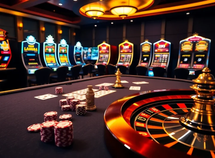 Experience intense gaming action at AU88's luxurious casino featuring poker tables and slot machines.