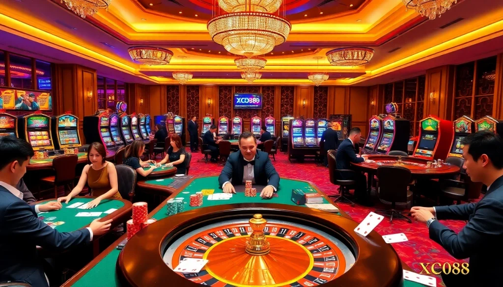 Engaged players enjoying their experience at xo88's casino tables, showcasing excitement in a lively atmosphere.