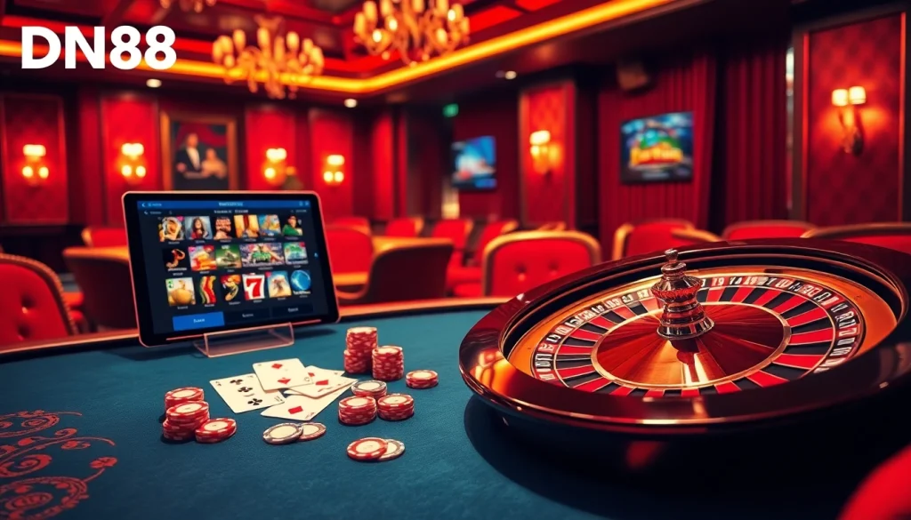 Experience excitement with DN88 at a luxurious casino table featuring vibrant poker chips and a roulette wheel.