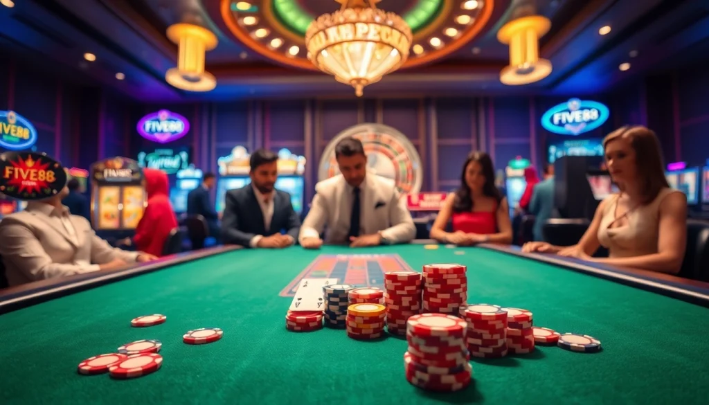 Experience thrilling gaming action at FIVE88 with vibrant slot machines and an elegant poker table.