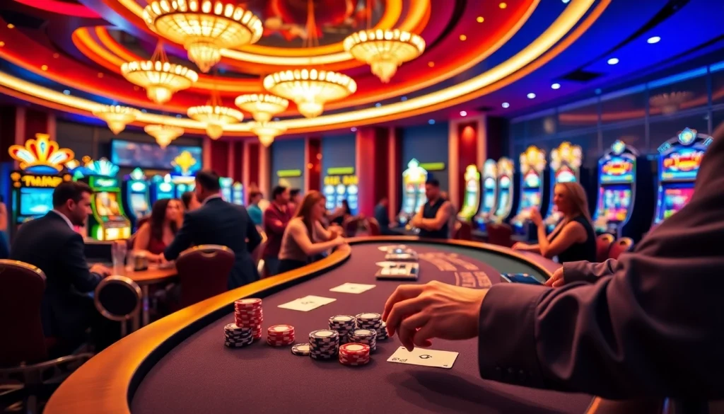 Players enjoying vibrant casino games at f168info.com with luxurious tables and slot machines.