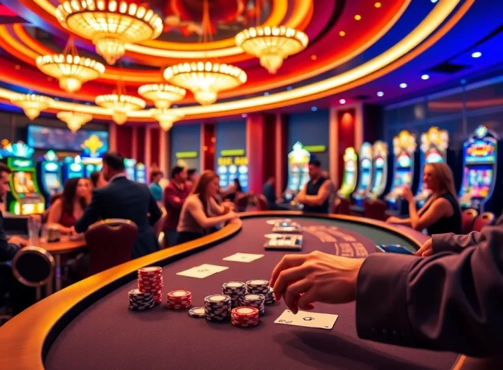 Players enjoying vibrant casino games at f168info.com with luxurious tables and slot machines.