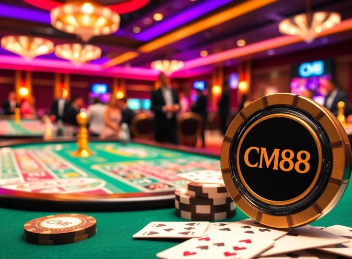 Experience CM88 gaming excitement with vibrant casino elements like poker chips and roulette tables.
