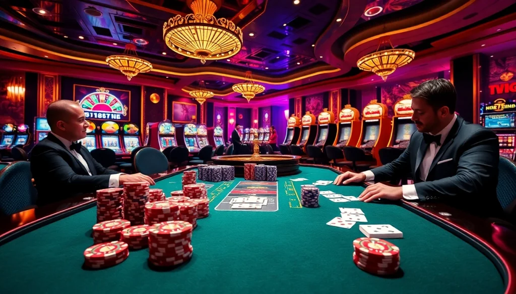 Experience the thrill of 79king at this vibrant casino scene featuring poker tables and elegant players.