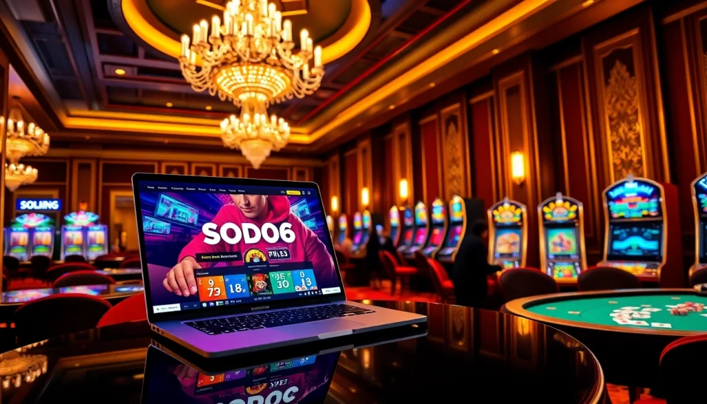 Experience the thrill of SODO66 with vibrant casino visuals featuring tables, cards, and chips.