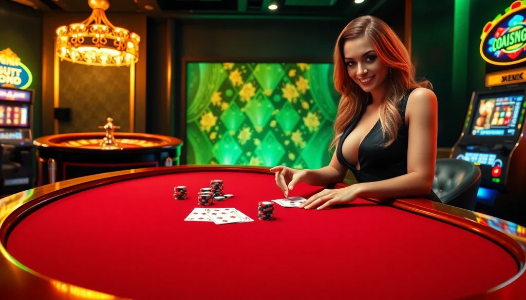 Experience excitement at dom88.us.com with vibrant casino tables, elegant dealers, and dynamic slot machines.
