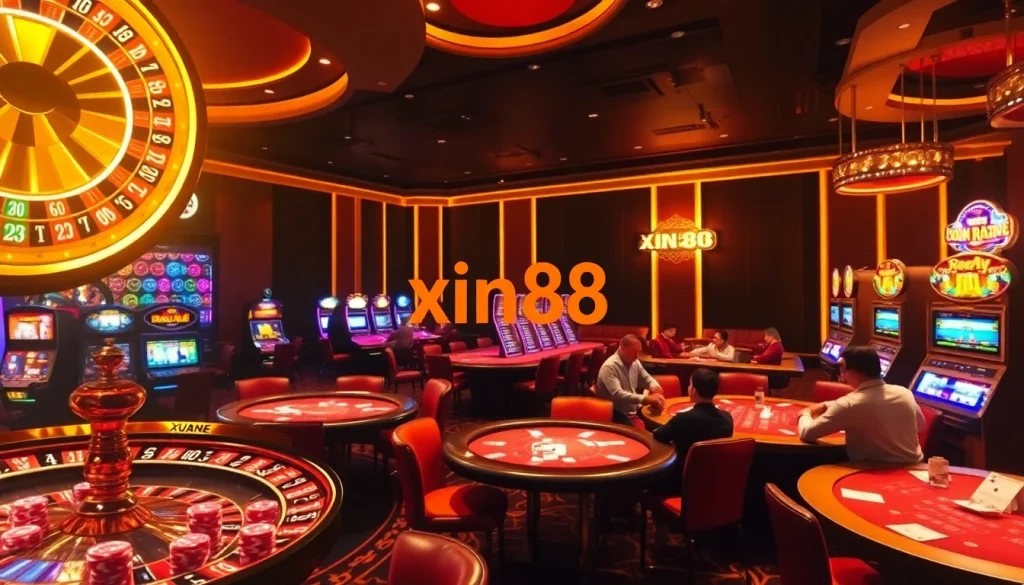 Experience high-stakes thrills at xin88 with vibrant casino gaming scenes filled with roulette and poker.