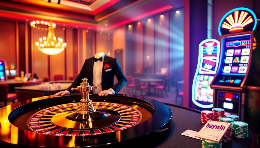 Experience the thrill of gaming at Haywin with vibrant roulette tables and colorful poker chips.