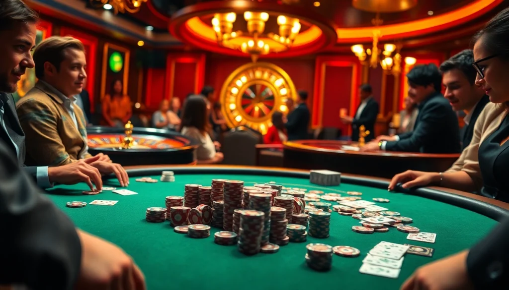 Players engaging in high-stakes poker at a luxurious table in a fun79 casino atmosphere.