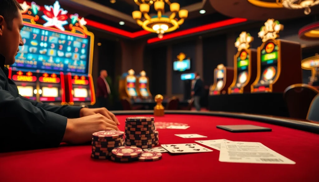 A professional poker table scene showcasing B52 chips and cards, capturing a high-stakes gambling atmosphere.