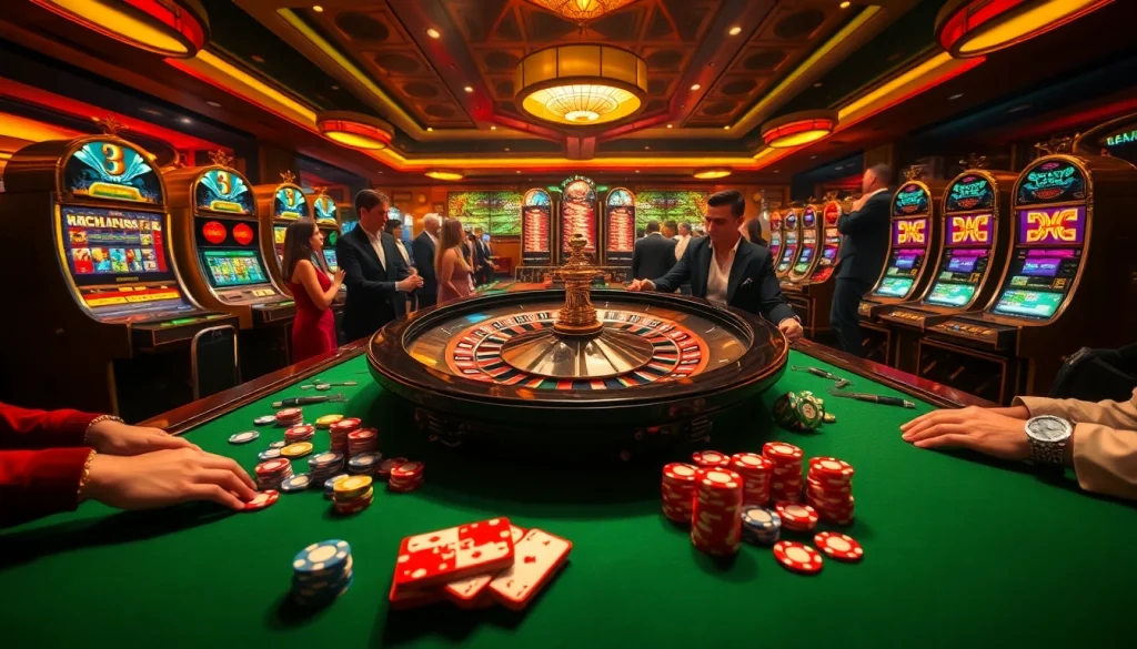 Players enjoying a thrilling roulette experience at Luckywin Casino, surrounded by vibrant gaming elements.