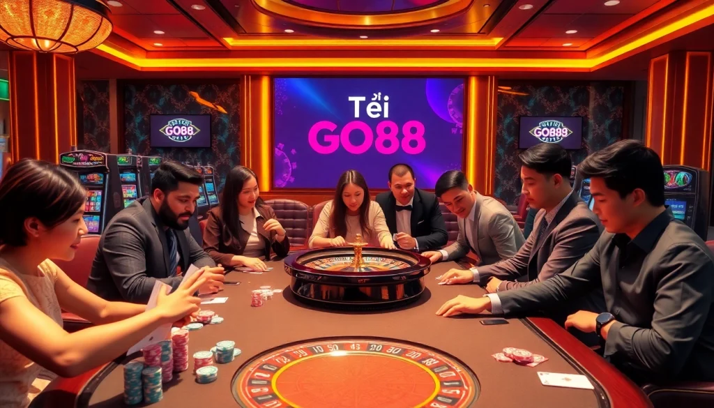 Tải GO88 and engage in an exciting casino scene with players enjoying poker and roulette.