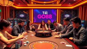 Tải GO88 and engage in an exciting casino scene with players enjoying poker and roulette.