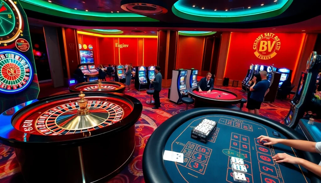 Engaging gamblers in a luxurious 88vv casino setting with roulette and poker tables.