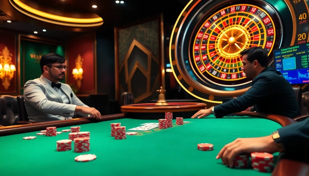 Exciting online gaming scene at https://sumvip.mom/ featuring a poker table and roulette wheel.