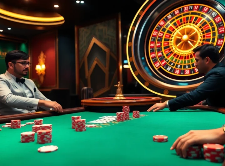 Exciting online gaming scene at https://sumvip.mom/ featuring a poker table and roulette wheel.
