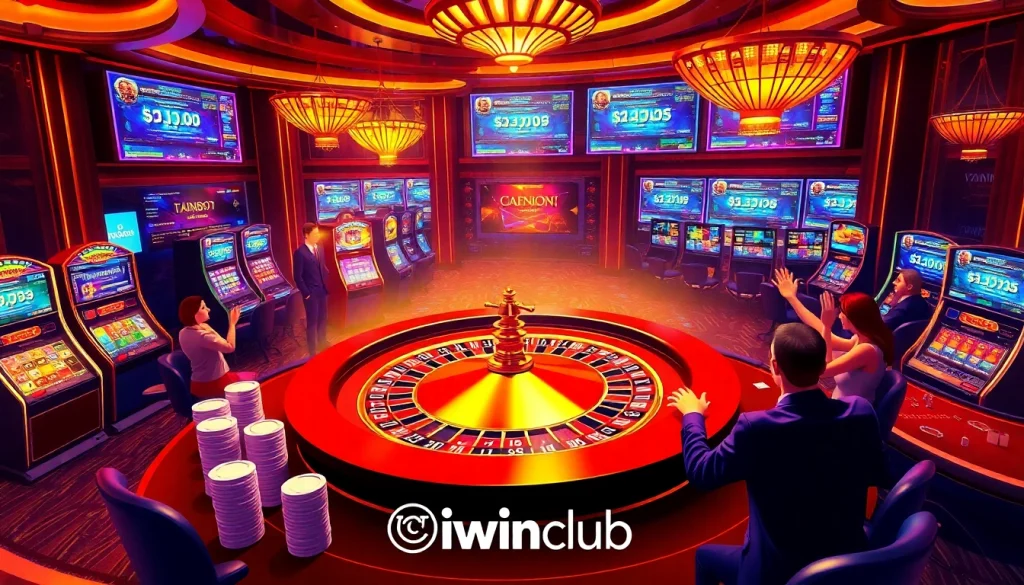 Players enjoying a thrilling game at the iwinclub casino with colorful slot machines and a roulette wheel.