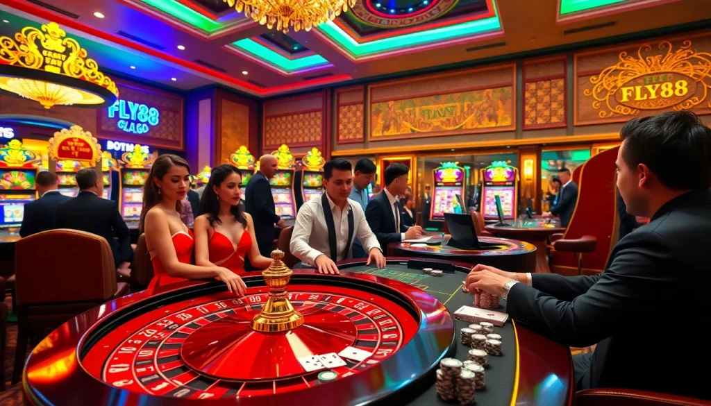 FLY88 trang chủ Casino Experience with Roulette, Colorful Machines and Engaged Players.