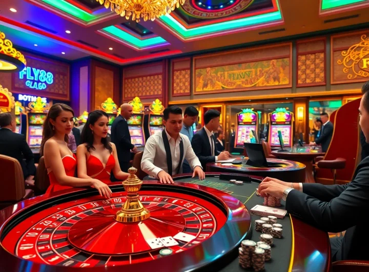 FLY88 trang chủ Casino Experience with Roulette, Colorful Machines and Engaged Players.