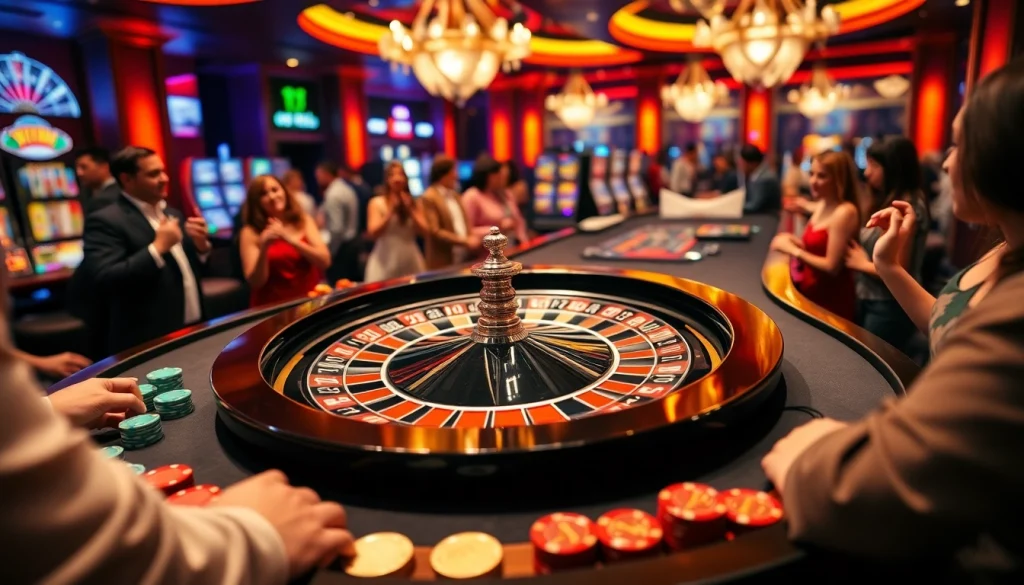 Players enjoying a thrilling game at RR88's luxurious online casino, featuring a roulette wheel and vibrant atmosphere.