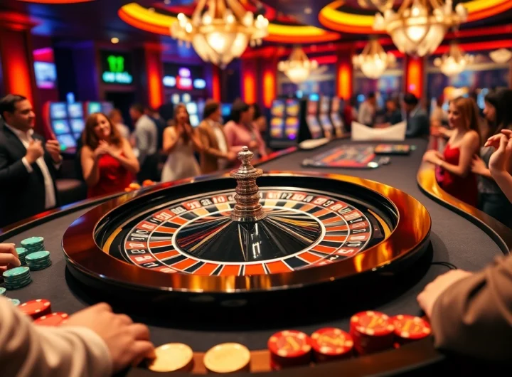 Players enjoying a thrilling game at RR88's luxurious online casino, featuring a roulette wheel and vibrant atmosphere.