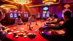 Players enjoying an exciting gambling experience at rr88 com with poker chips, cards, and a roulette wheel.