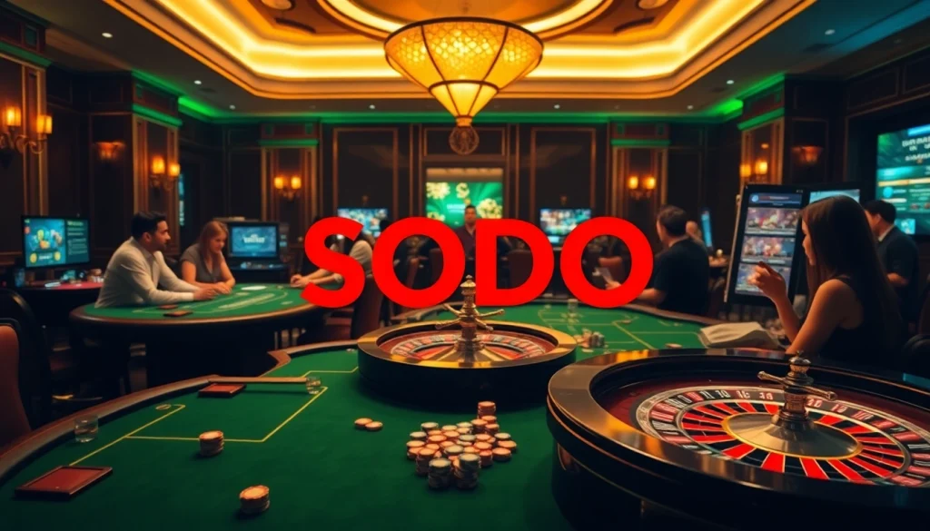 SODO casino scene depicting players engaged around elegant gaming tables with poker chips and roulette wheels.