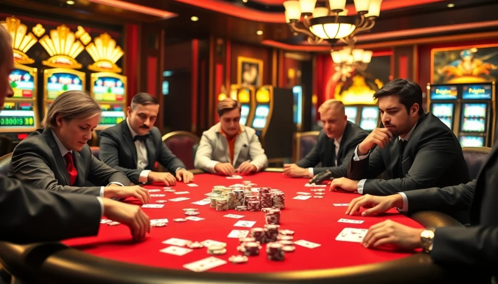 Engaged players strategize winning moves at a luxurious poker table at https://febet9.club/.
