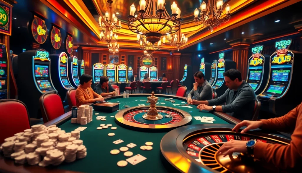 Engage in thrilling PG99 poker action amidst vibrant casino excitement.