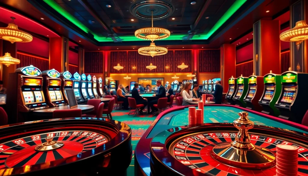 Engaged gamblers at a luxurious casino celebrating wins with Link RR99 and vibrant gaming elements.