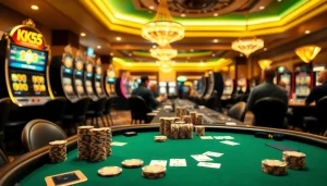 Exciting casino atmosphere showcasing KK55-themed poker table with luxury cards and chips.
