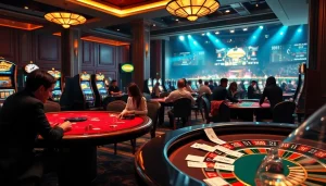 Excitement of tỷ lệ bóng đá đêm nay at a vibrant casino with poker chips and roulette wheels.