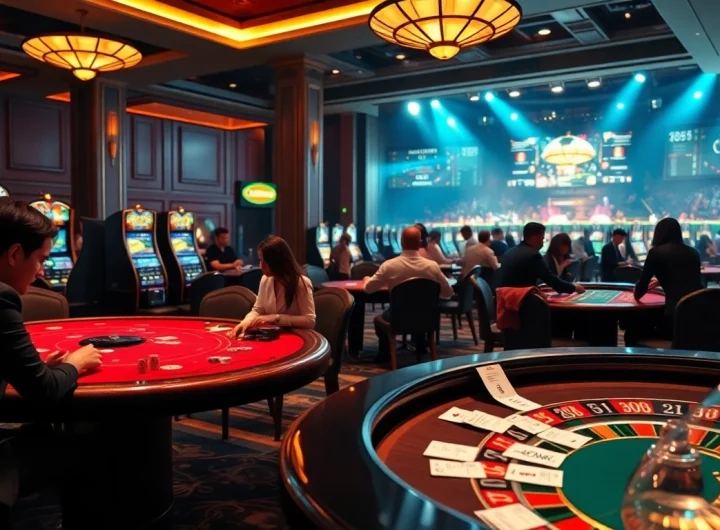 Excitement of tỷ lệ bóng đá đêm nay at a vibrant casino with poker chips and roulette wheels.