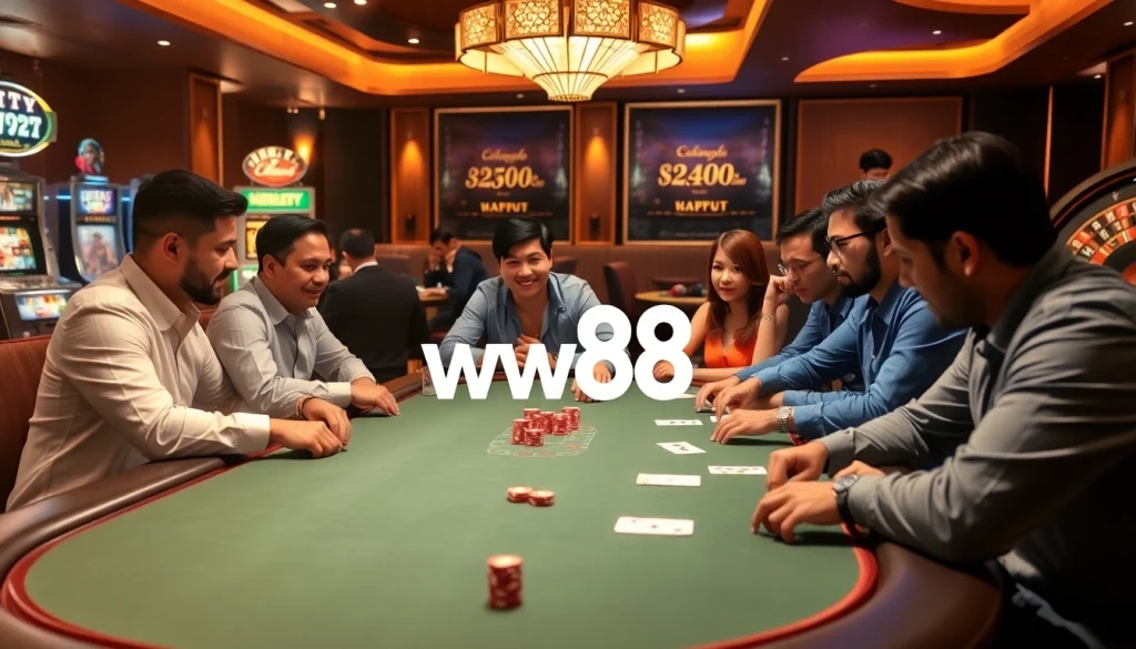 Players enjoying a high-stakes game at a ww88 casino poker table with vibrant chips.