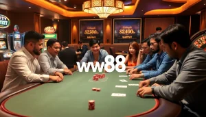 Players enjoying a high-stakes game at a ww88 casino poker table with vibrant chips.