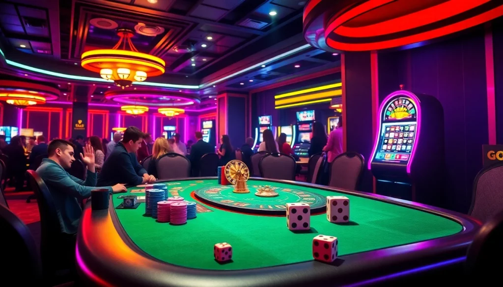 Experience the excitement of go8 gambling with vibrant casino elements, including a poker table, roulette, and slot machines.