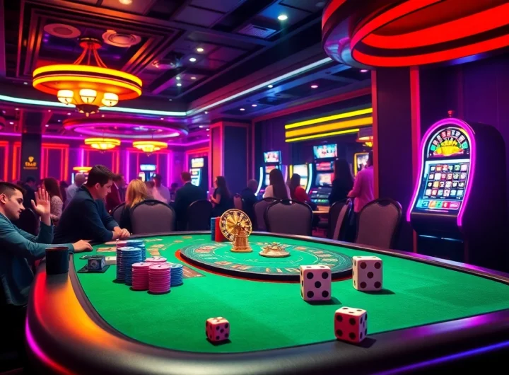 Experience the excitement of go8 gambling with vibrant casino elements, including a poker table, roulette, and slot machines.