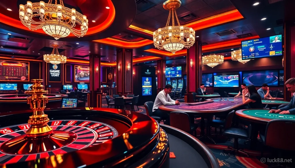 Cảnh casino đầy hứng khởi với roulette và poker, có sự xuất hiện của https://luck8.net và ánh đèn rực rỡ.