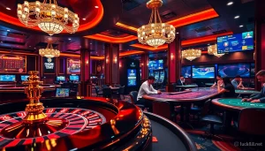Cảnh casino đầy hứng khởi với roulette và poker, có sự xuất hiện của https://luck8.net và ánh đèn rực rỡ.