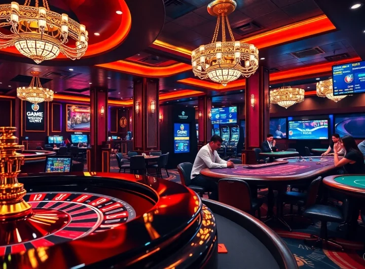 Cảnh casino đầy hứng khởi với roulette và poker, có sự xuất hiện của https://luck8.net và ánh đèn rực rỡ.